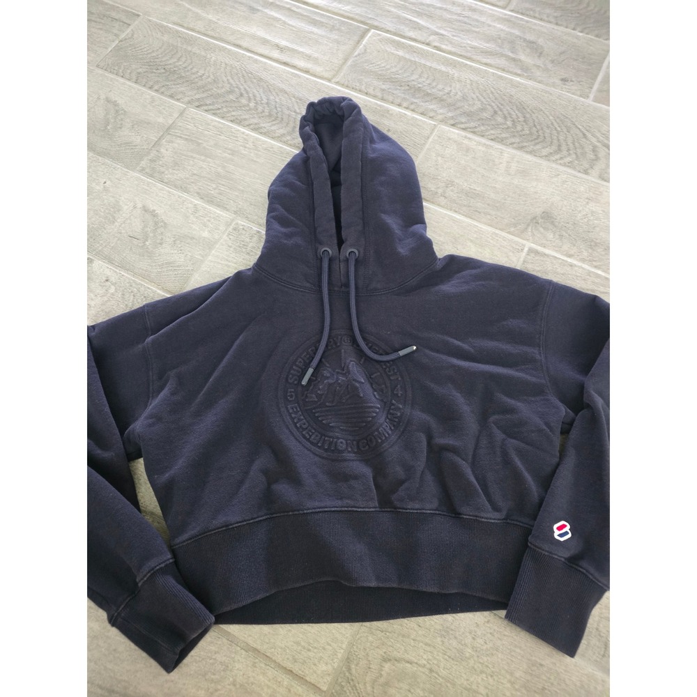 Superdry Everest Expedition Company Navy Blue Cropped Embossed Logo Hoodie US 10